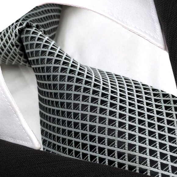 New Black Silver Grey Gray Diamonds Stripe Check Plaid Design 100% SILK TIE - Picture 2 of 4